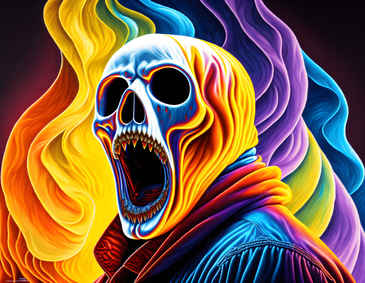 Colorful Screaming Skull Illustration with Flame-Like Aura on Dark Background