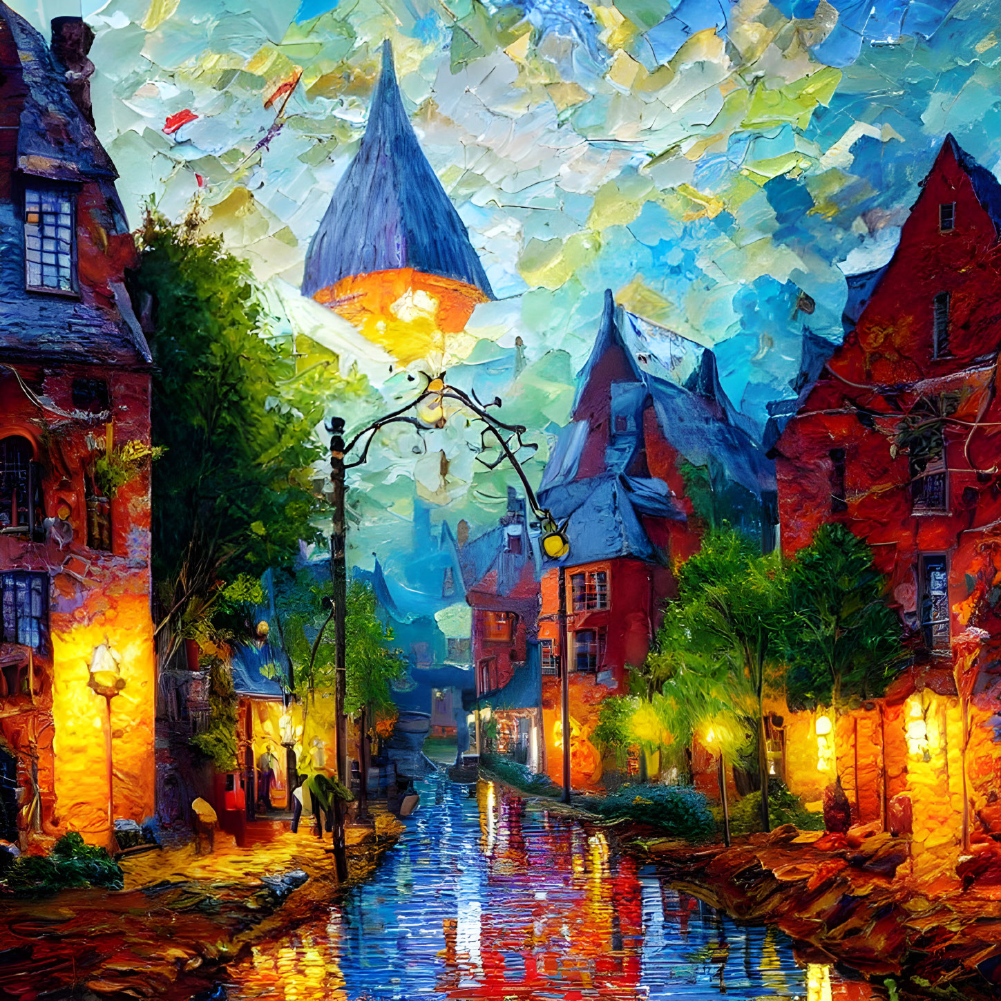 Colorful Impressionist Painting of Canal-Side Village