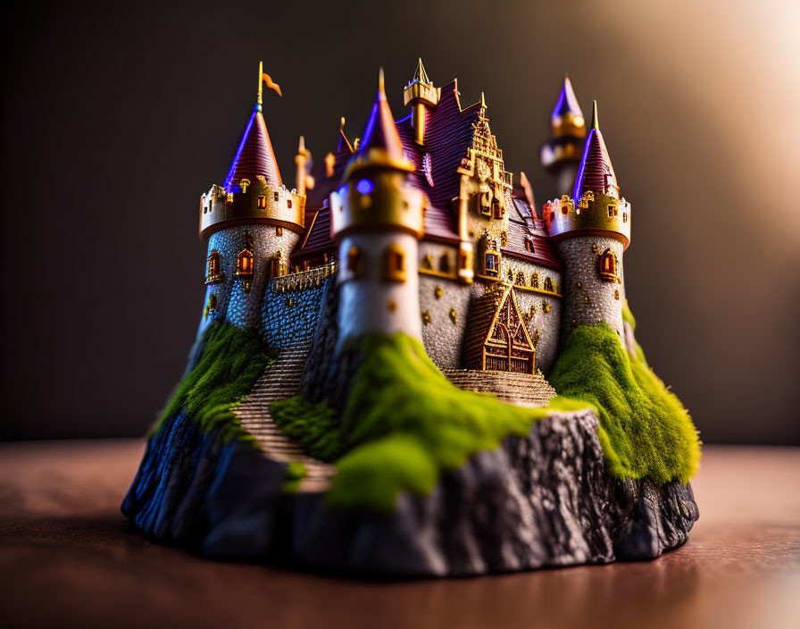 Miniature Fantasy Castle with Turrets and Flags on Rocky Base: Dramatic Lighting and Moss Detail