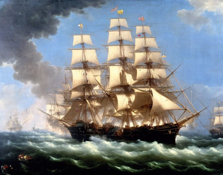 Majestic sailing ship in rough seas with full sails and dark clouds