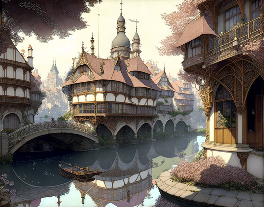 Picturesque fantasy village with half-timbered houses, stone bridge, river, blooming trees