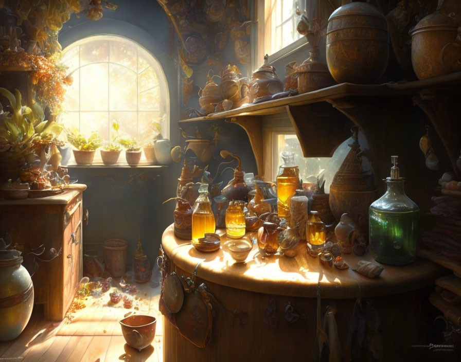 Fantasy potion shop interior with colorful bottles and sunlight.