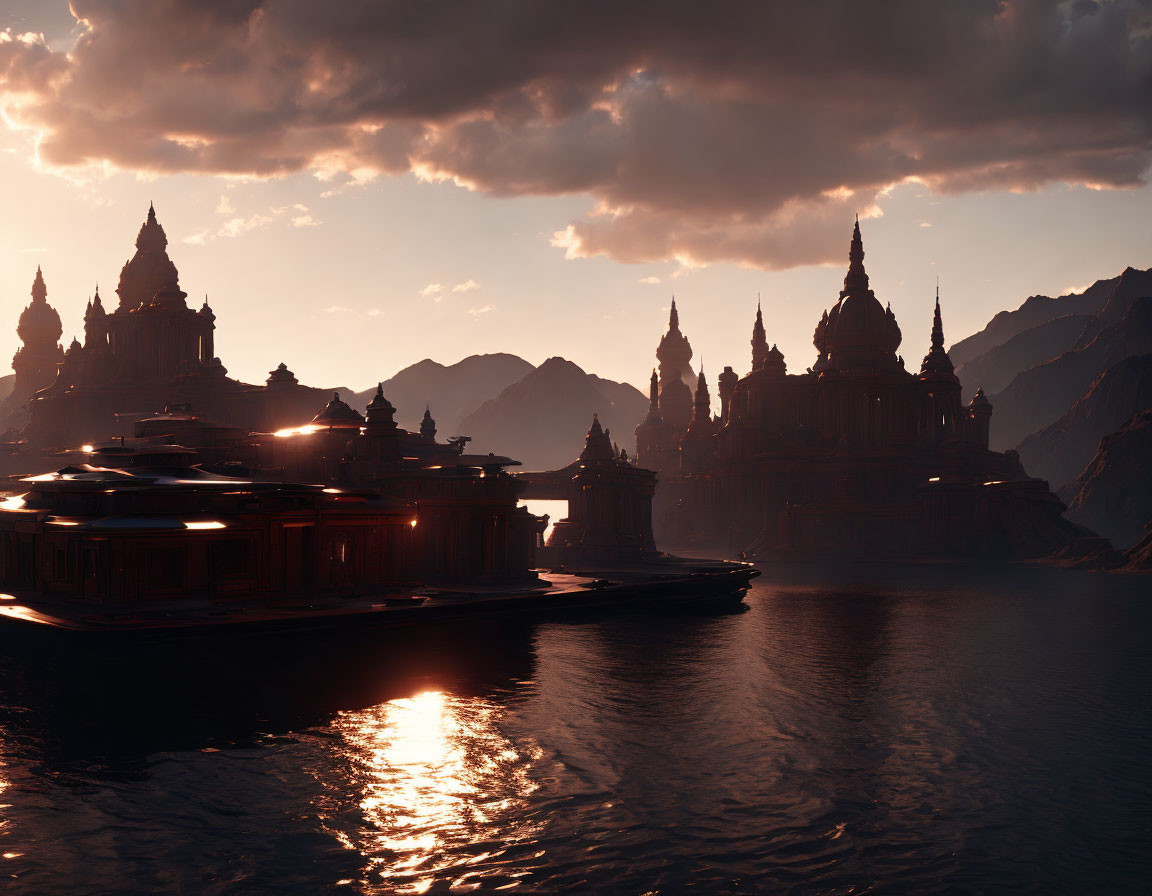 Tranquil sunset over sea with fantasy palaces and mountains