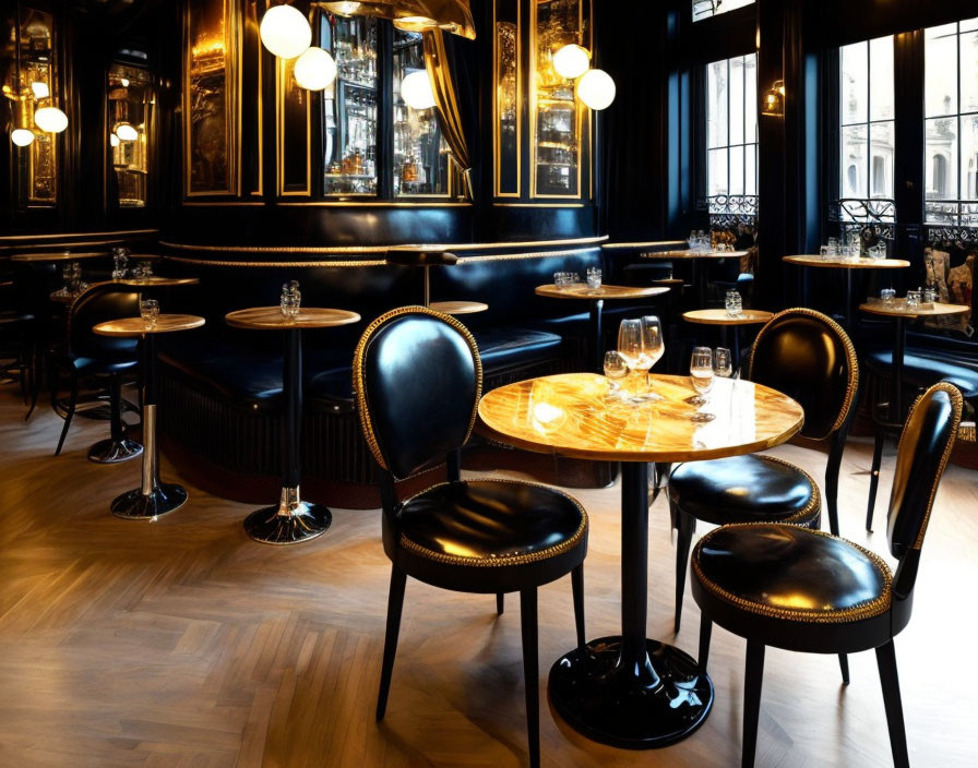 Sophisticated bistro interior: glossy black furnishings, wood flooring, golden hanging lamps