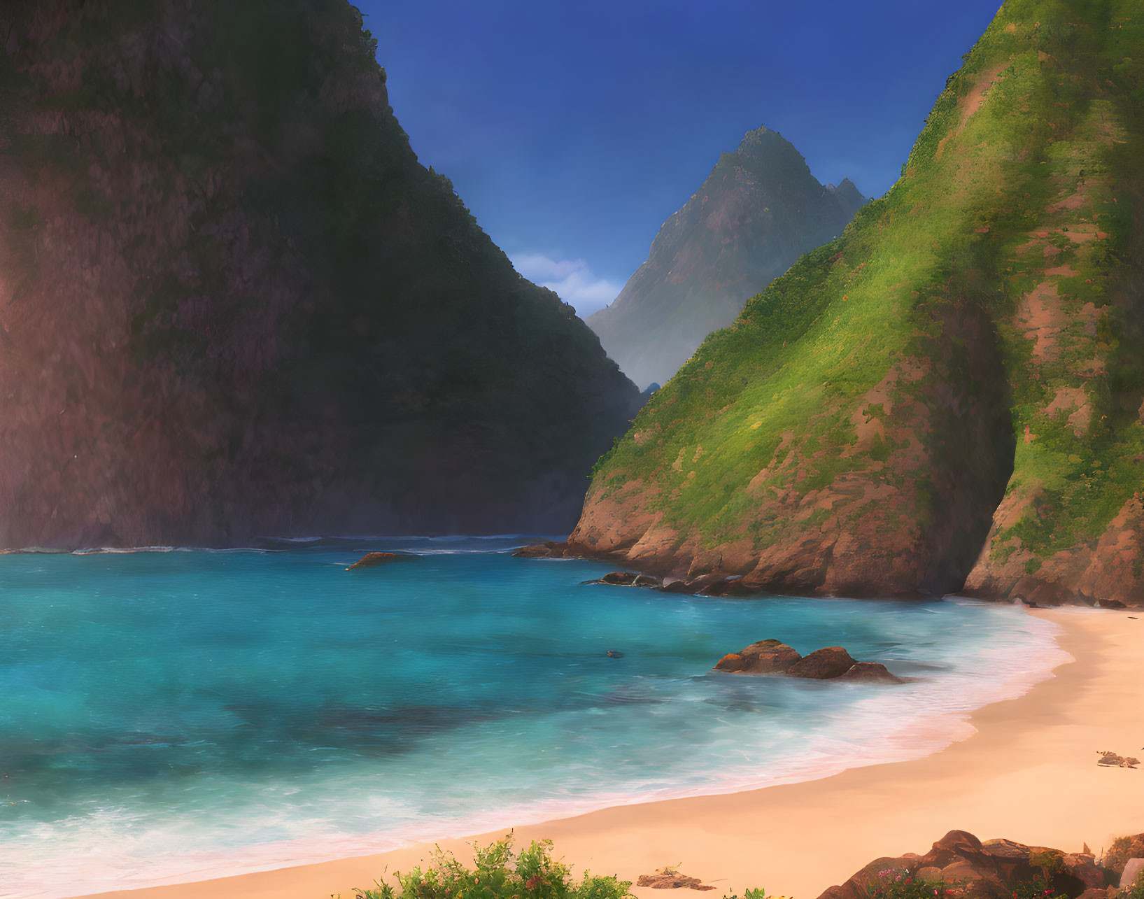 Tranquil beach with turquoise waters and green mountains