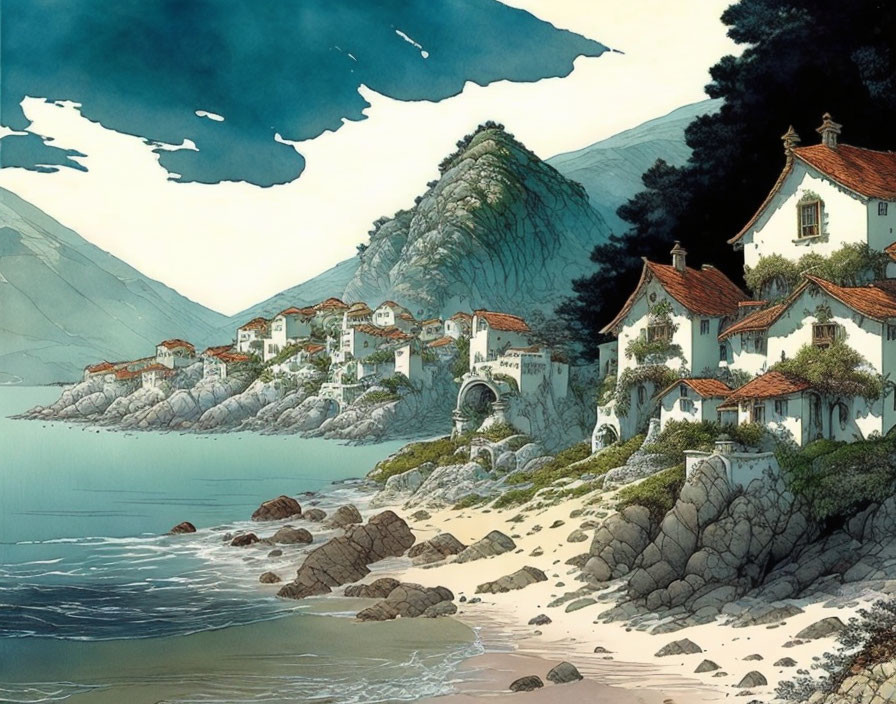 Picturesque coastal village with white houses, stone bridge, rocky beaches, lush hills, and blue sky