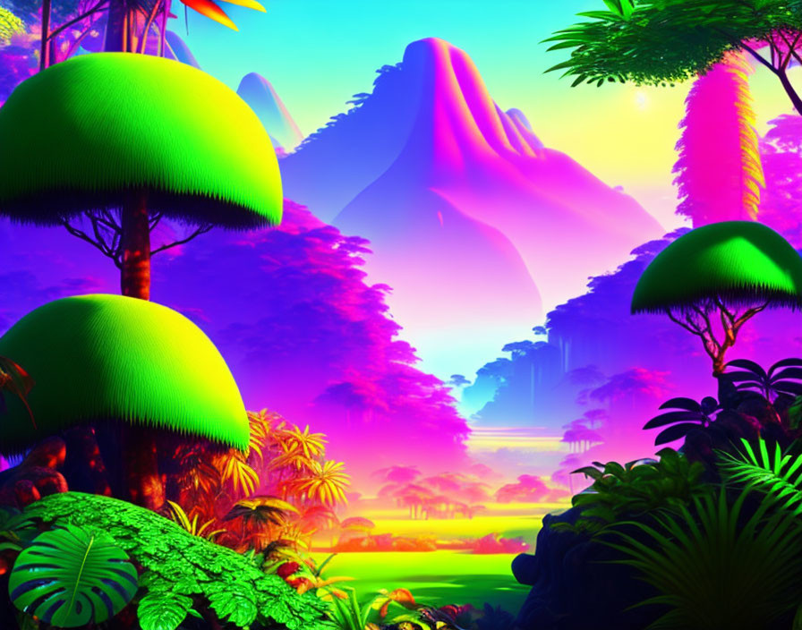 Neon jungle with glowing plants and purple mountains