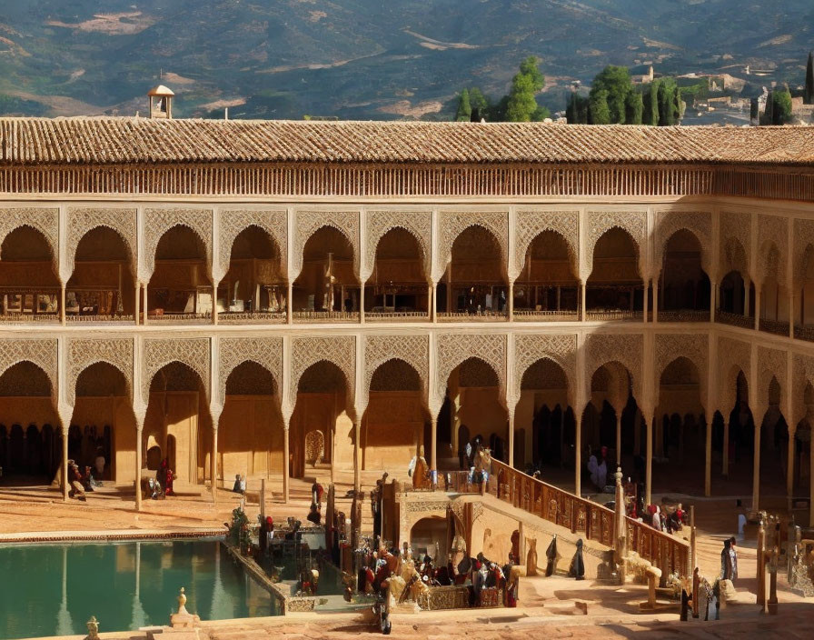 Ornate palace courtyard with arched colonnades and central pool