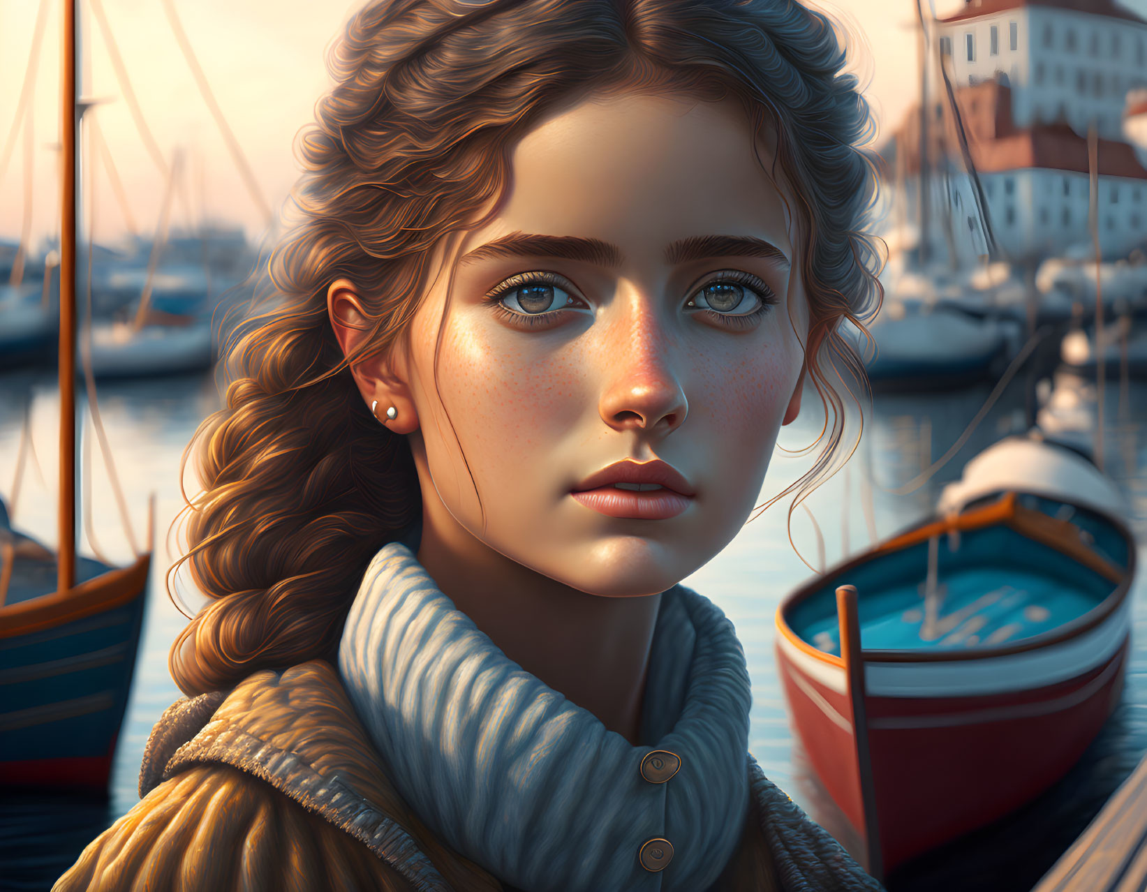 Digital painting of young woman with braided hair and freckles by harbor.