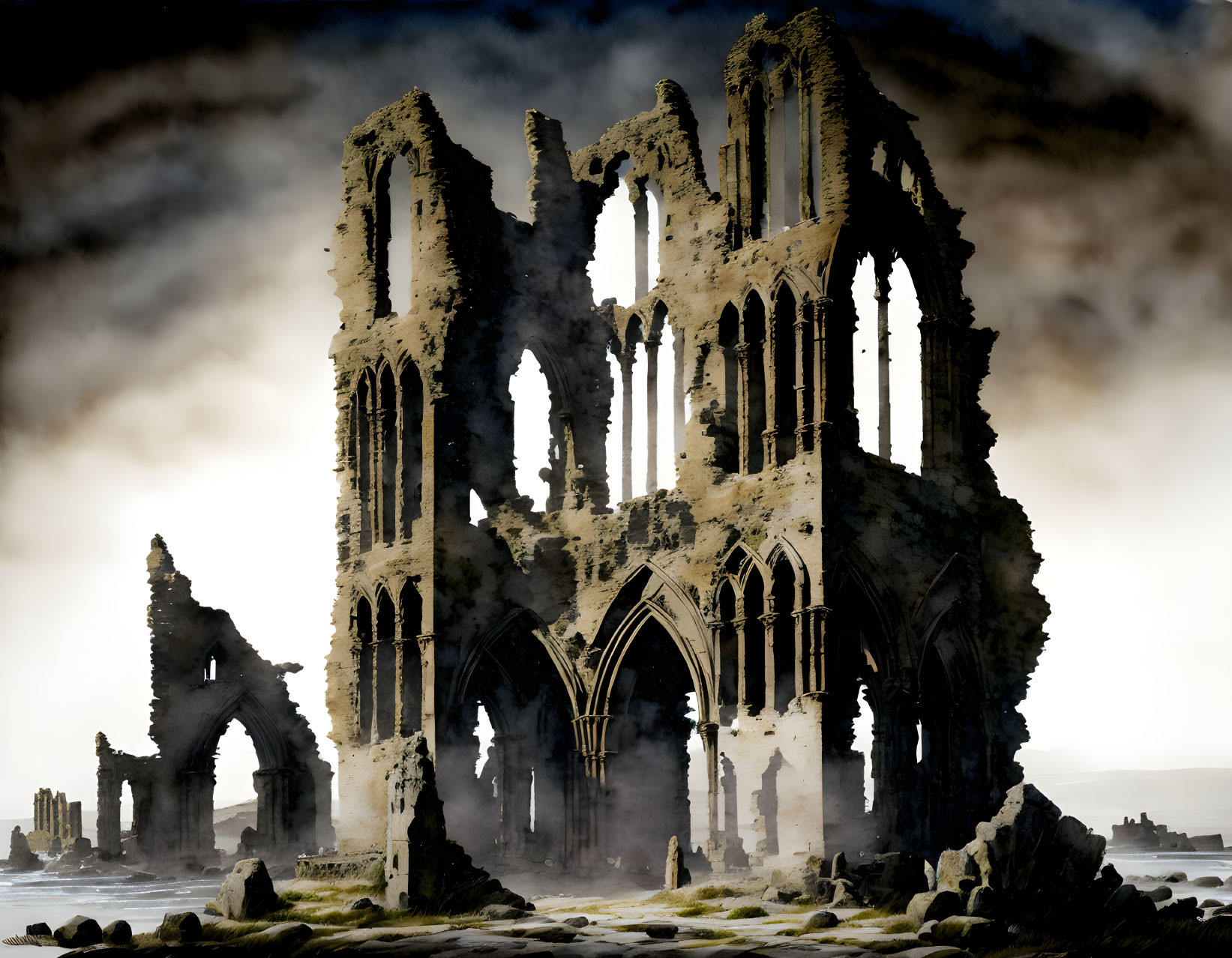 Gothic-style church ruins with tall arches and windows against hazy backdrop