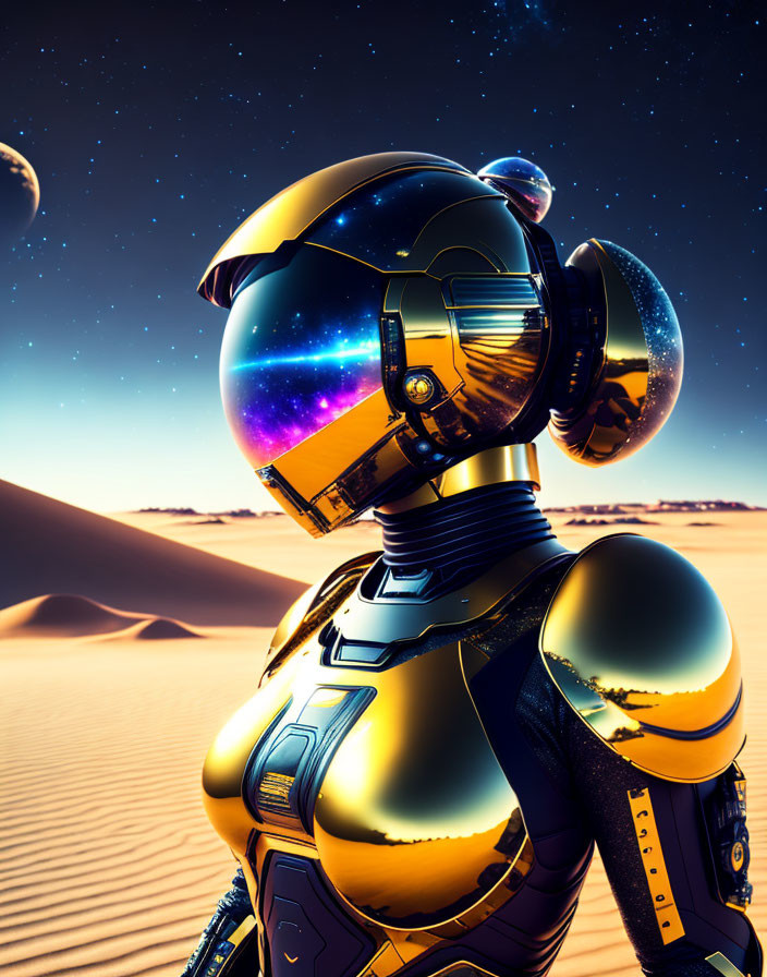 Futuristic astronaut in golden reflective helmet gazes at galaxy over desert dunes