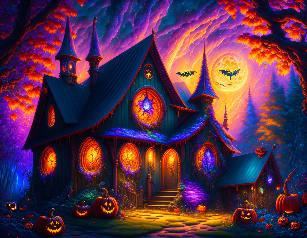 Spooky Halloween-themed house with jack-o'-lanterns, bats, and full moon