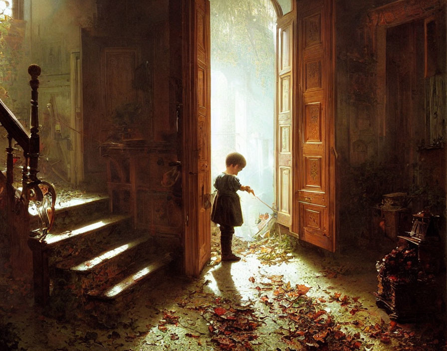 Child in sunlit room with leaves near open door to forest-like exterior