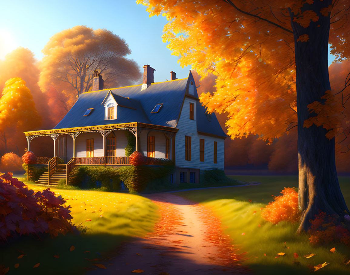 Charming two-story house with autumn trees and sunlit path