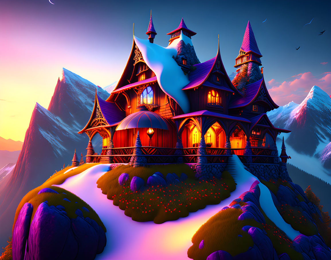 Fantasy castle on mountain at dusk with glowing windows