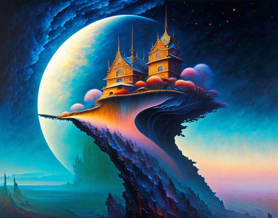 Fantastical painting of grand castle on floating cliff under moonlit sky