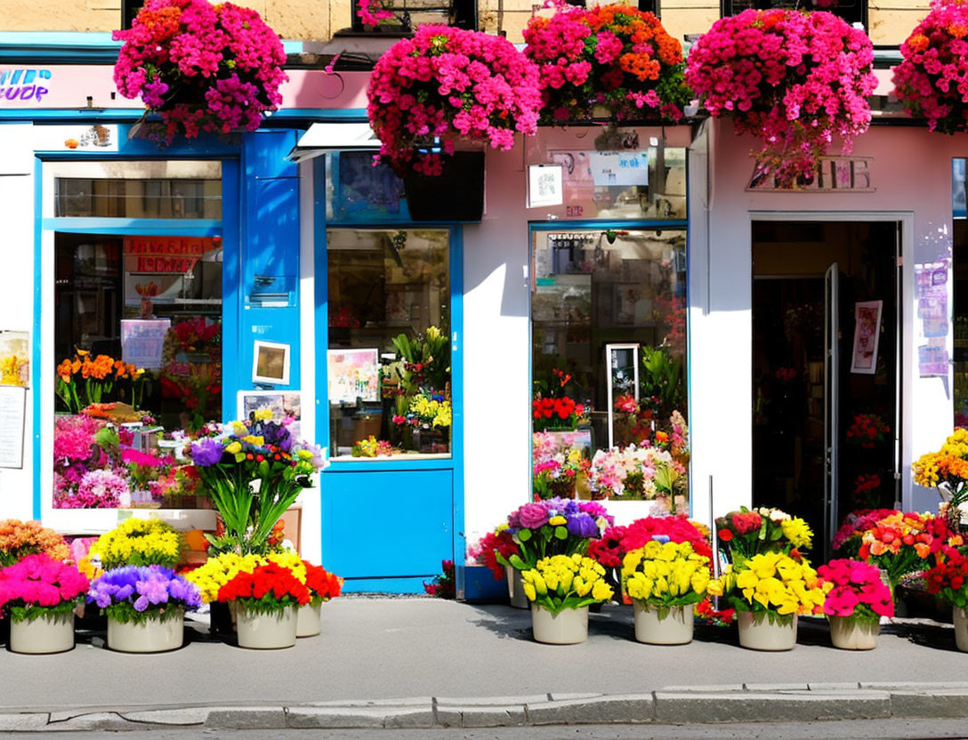 Colorful Blooms and Hanging Baskets at Flower Shop