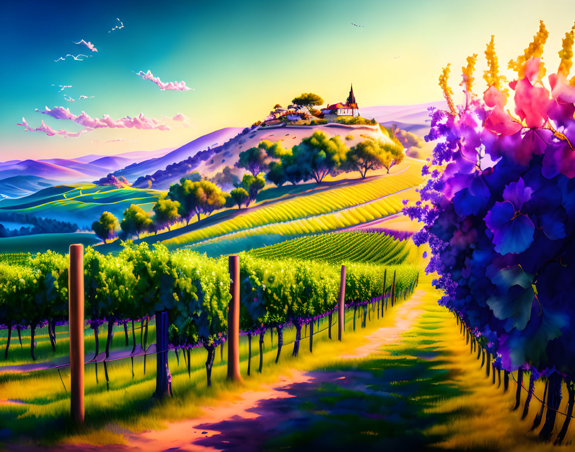 Scenic vineyard illustration with grapevines, hills, and church