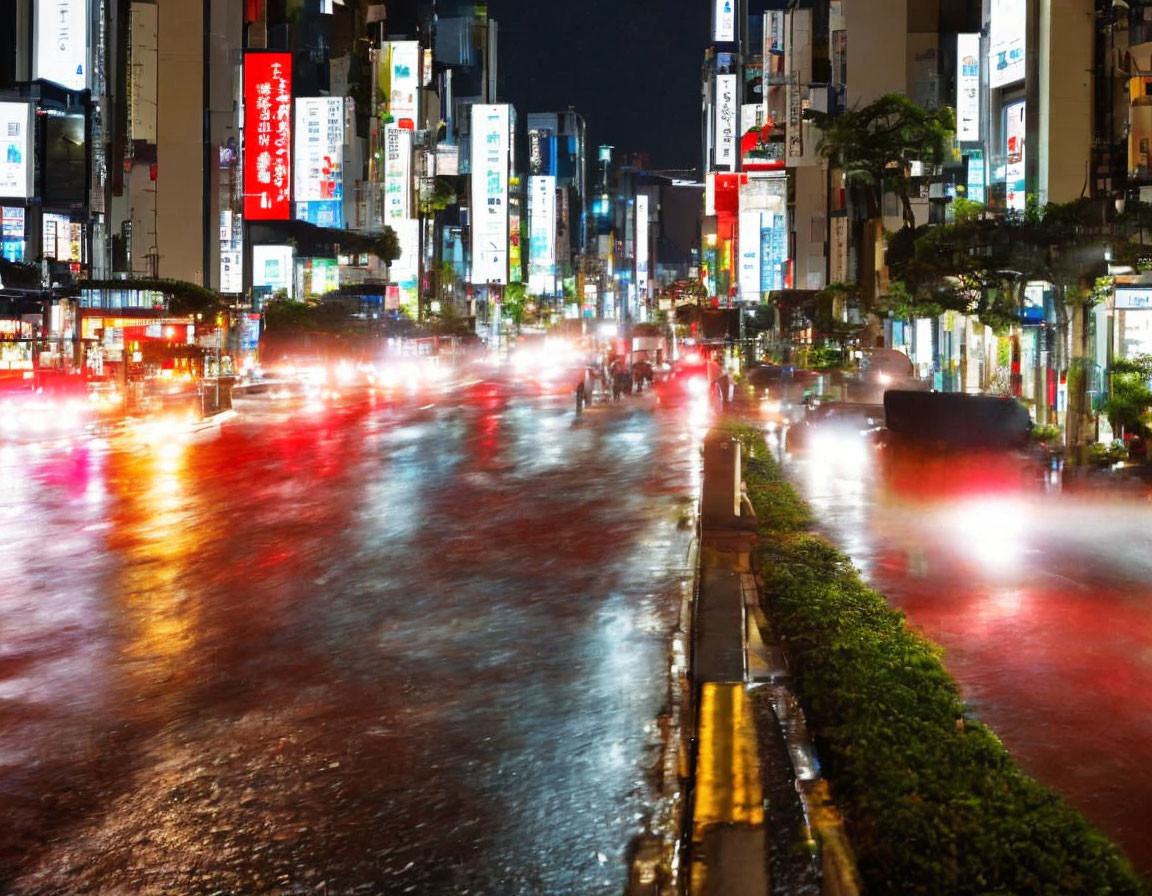 Vibrant city street scene at night with neon signs and traffic lights