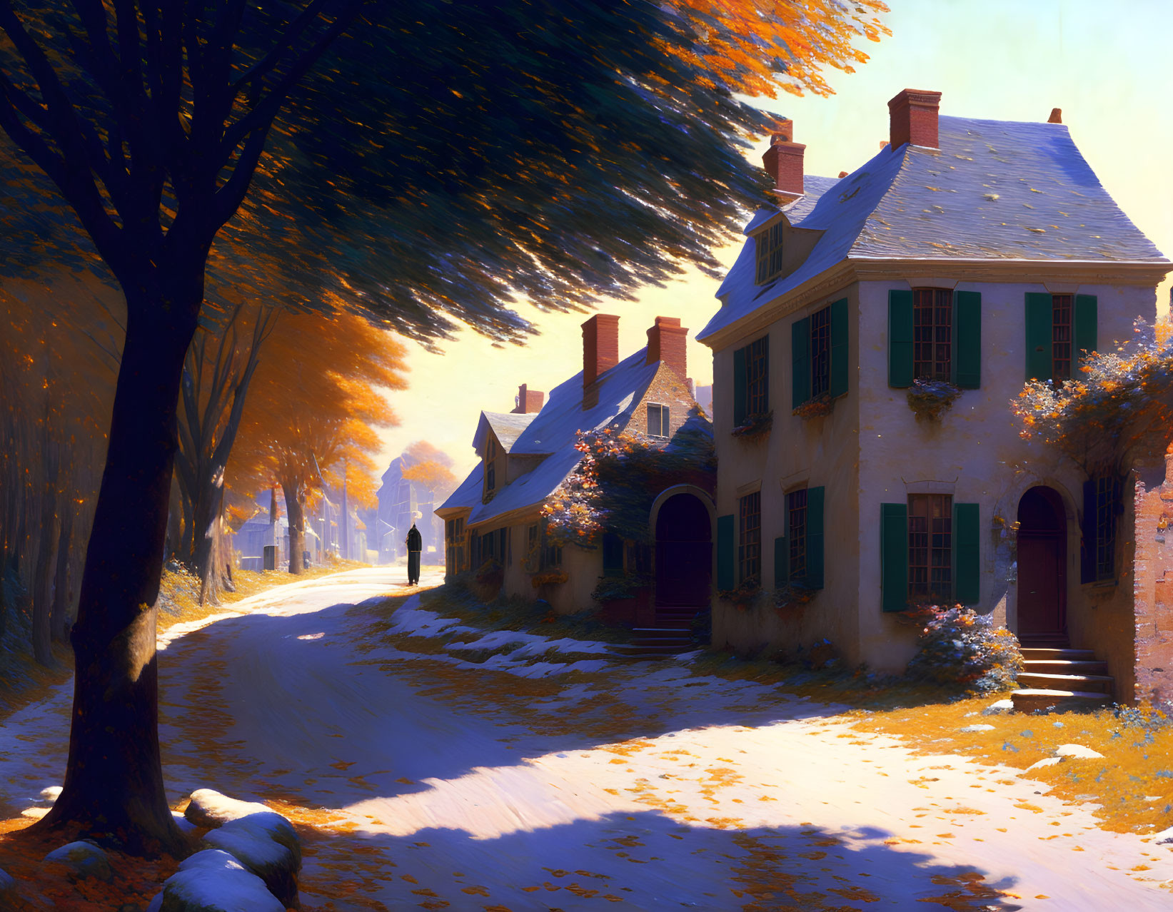 Snow-covered autumn street with colonial-style houses at sunset