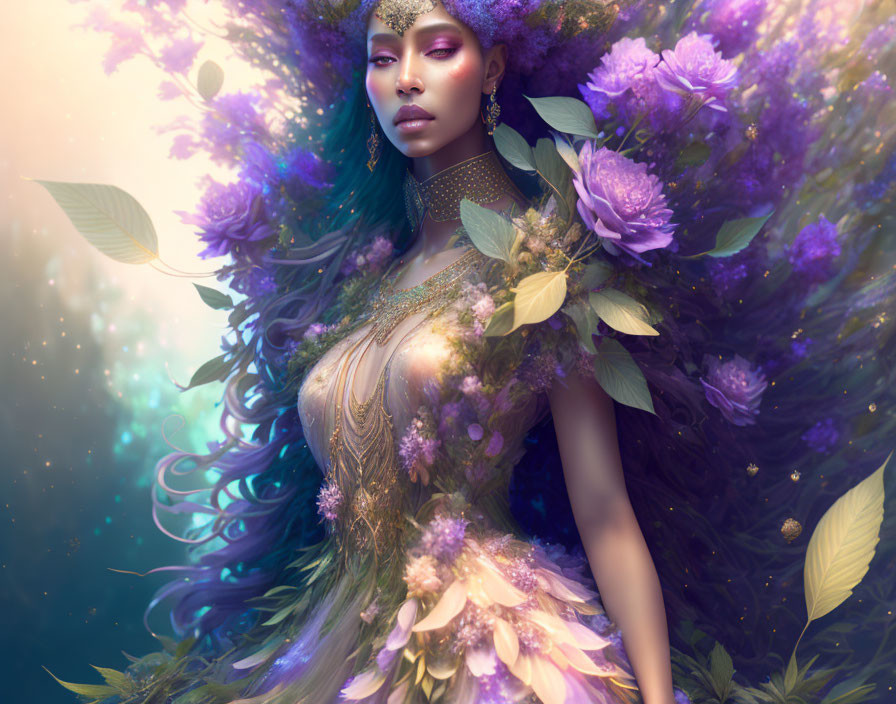 Mystical woman with purple flowers and gold accents in dreamy setting