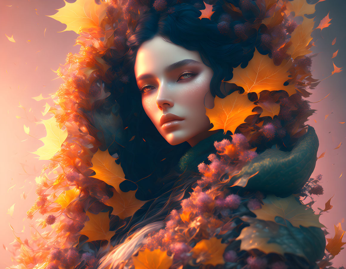 Serene woman in autumn leaves with floral accents