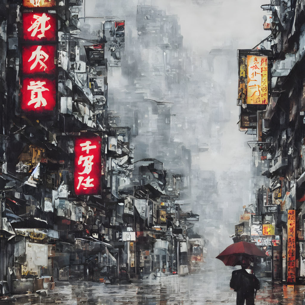 Person with umbrella navigating rainy Asian cityscape.