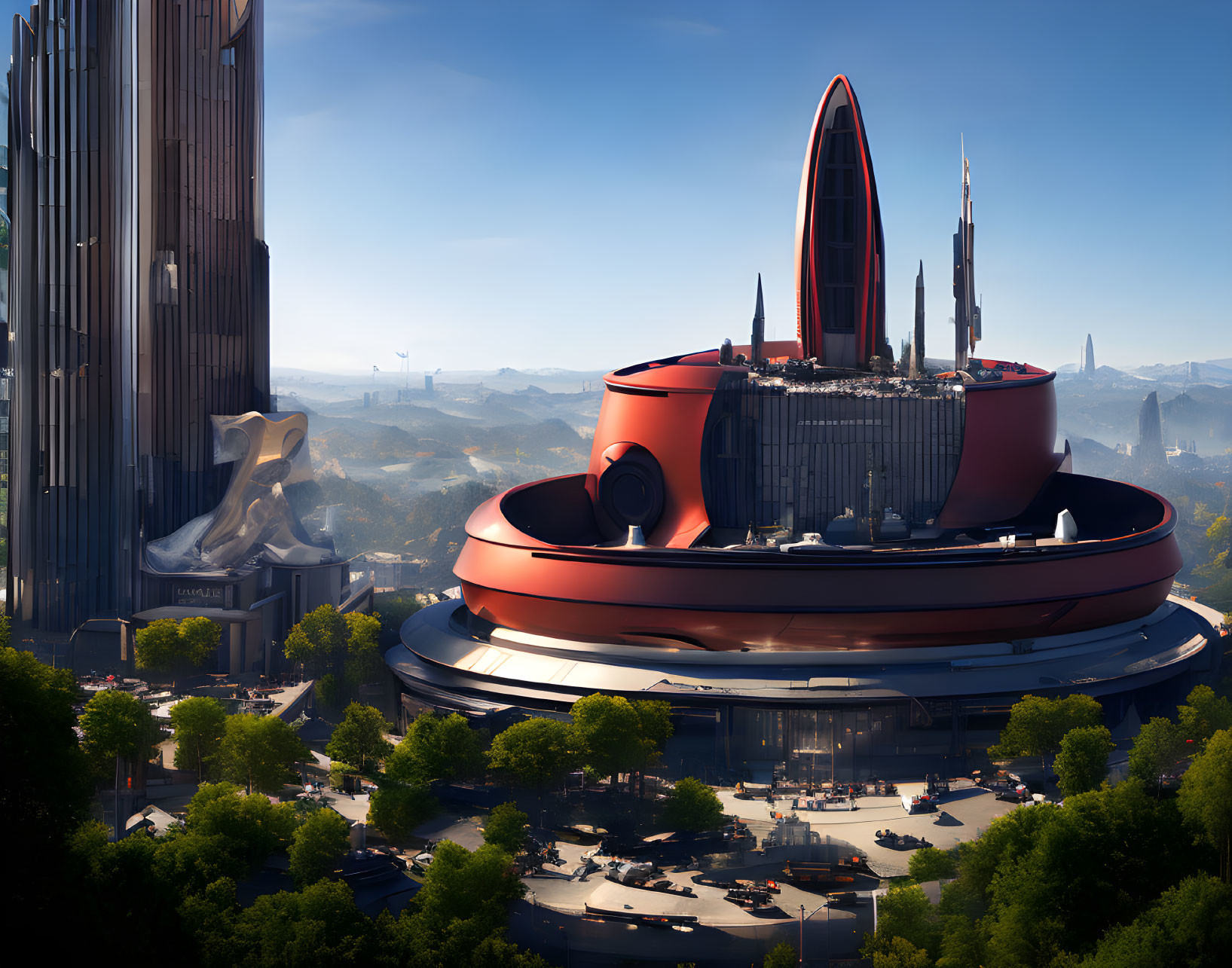 Futuristic cityscape with circular building, red skyscraper, lush trees, and flying vehicles.