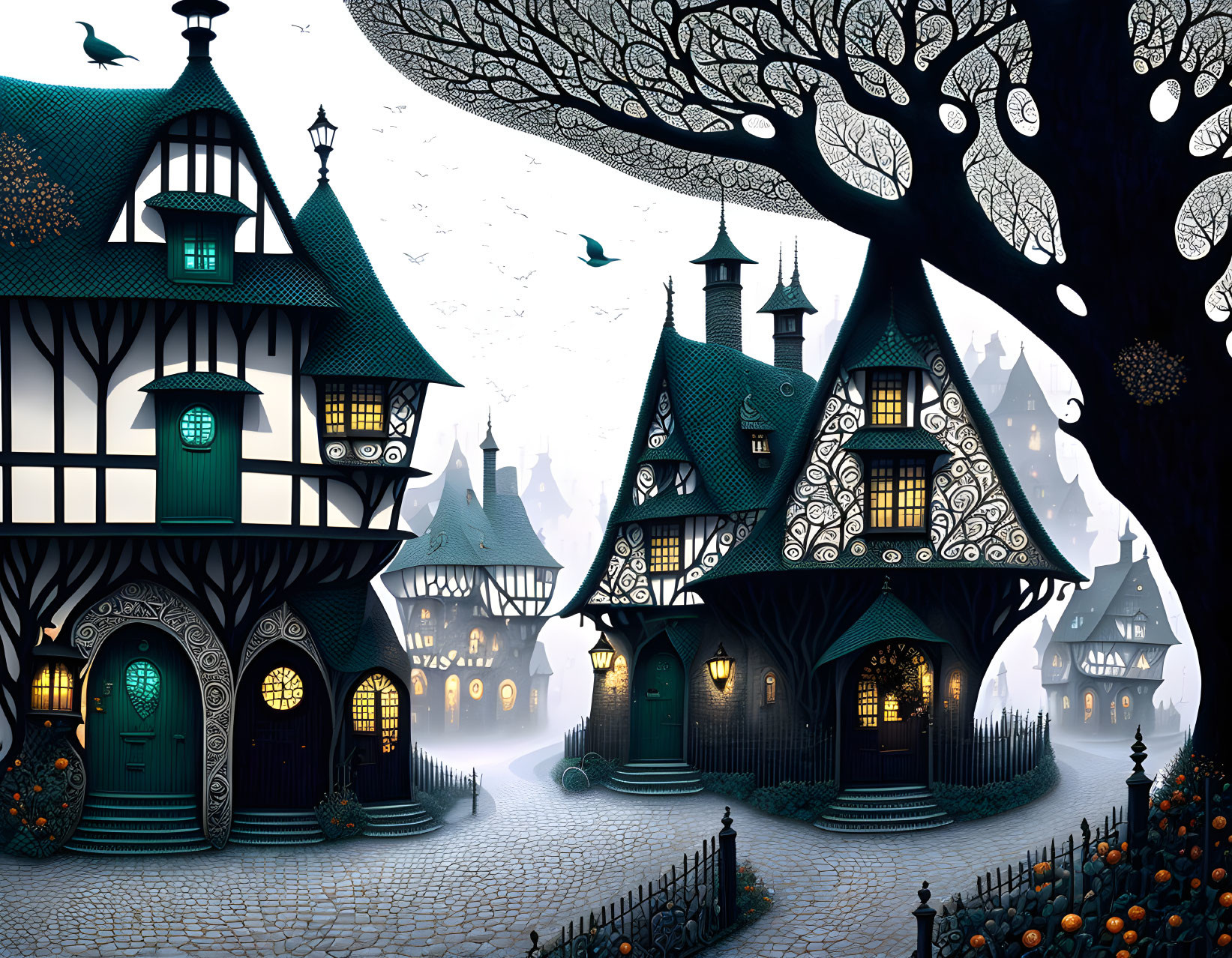 Illustration of Fairy Tale Village with Stylized Houses at Twilight