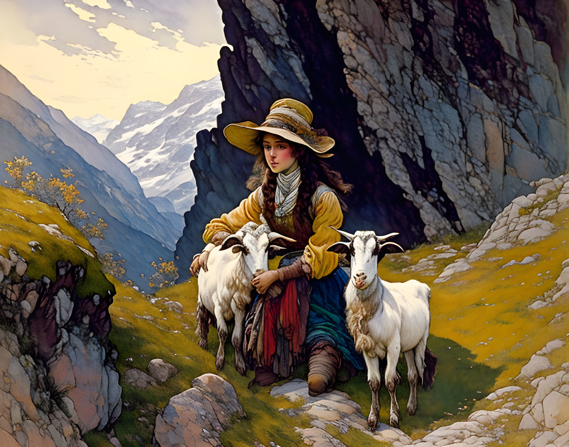 Traditional Attire Young Girl with Goats in Mountain Landscape