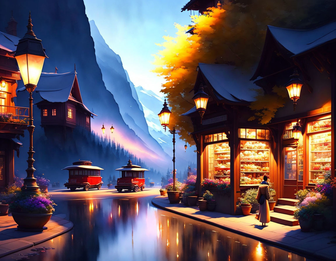 Twilight scene: Street shops by river, mountain backdrop, person enjoying view