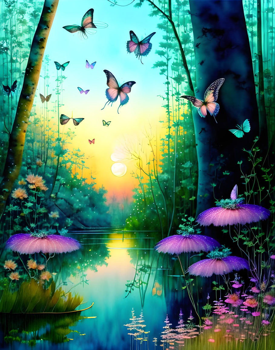 Fantasy forest with glowing mushrooms, lake, butterflies, and ethereal light.