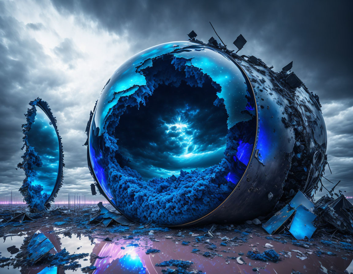 Shattered spherical object with dynamic blue core under stormy sky