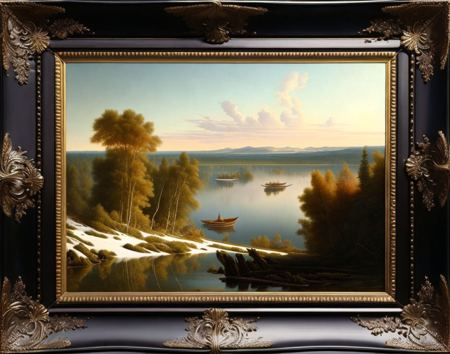 Tranquil landscape painting with lake, boats, trees, and mountains