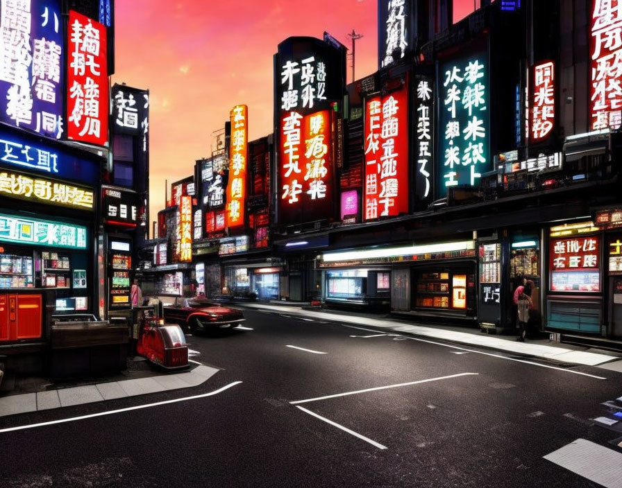 Vibrant neon signs in foreign language cityscape at twilight