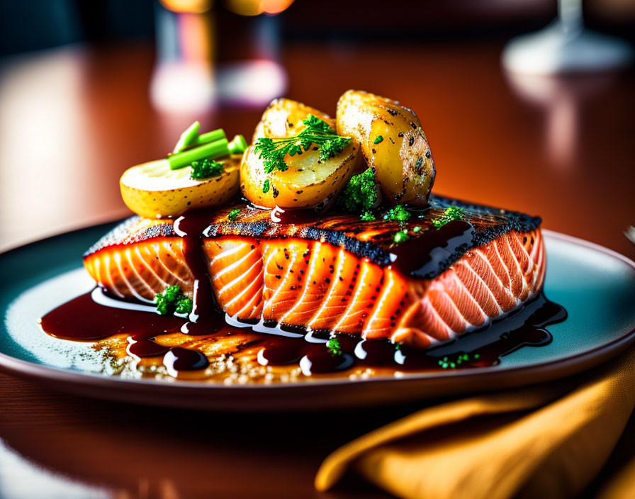 Grilled Salmon with Glaze and Herb Garnish on Stylish Plate