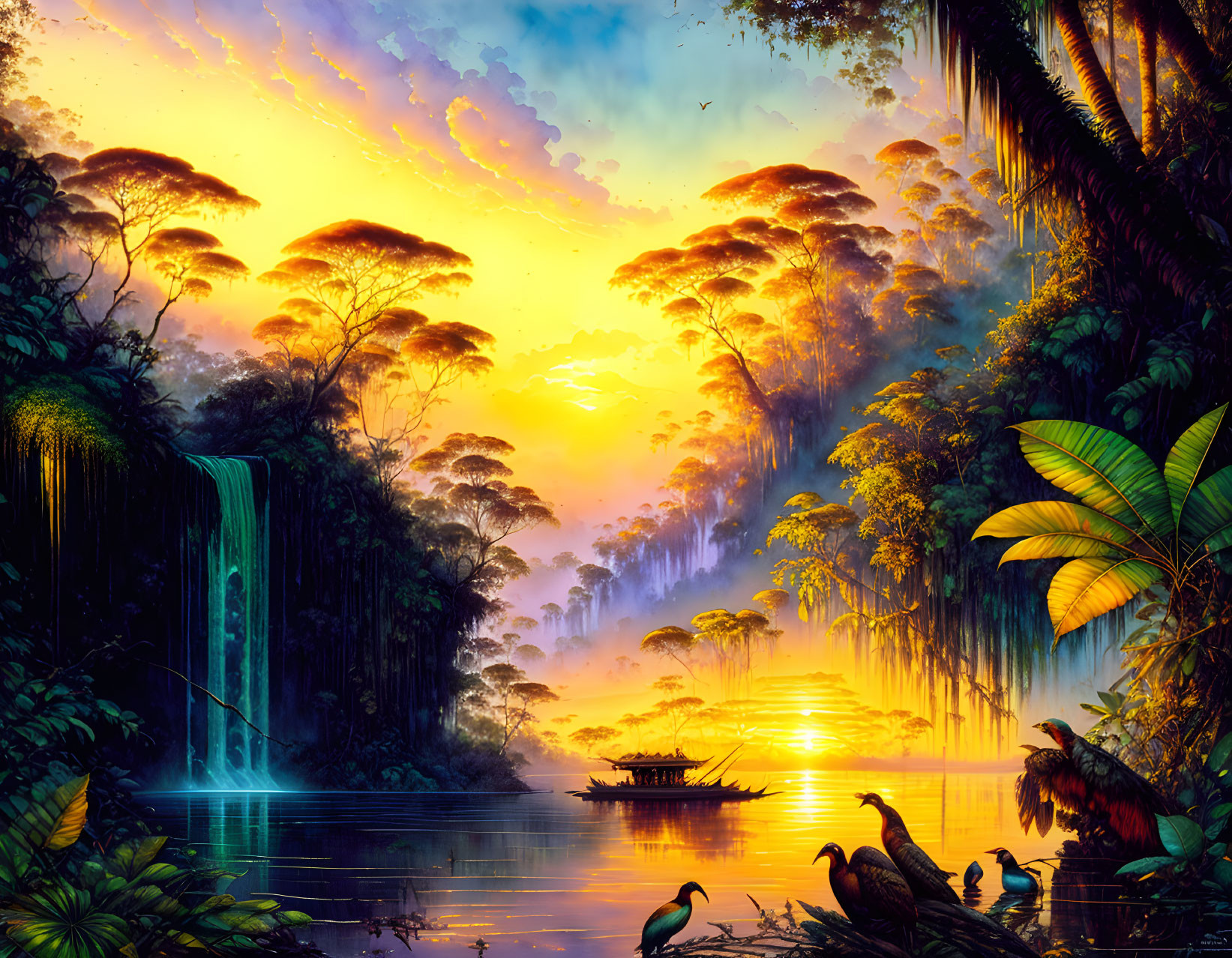 Colorful jungle scene: sunset waterfall, river, birds, boat, dense foliage