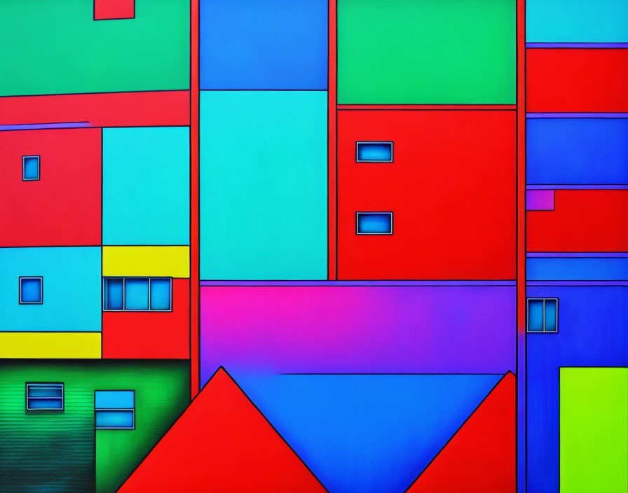 Vibrant Geometric Mural Featuring Abstract Building Shapes