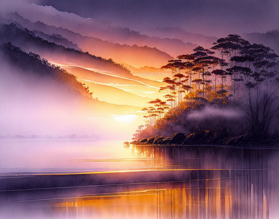 Scenic sunset over misty lake with silhouetted trees and hills.