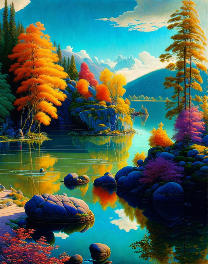 Scenic autumn landscape: colorful trees, serene lake, mountain backdrop