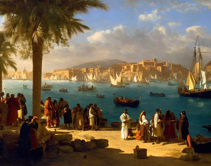 Detailed Classical Port Scene with Sailing Ships, Docks, Locals in Period Attire, and