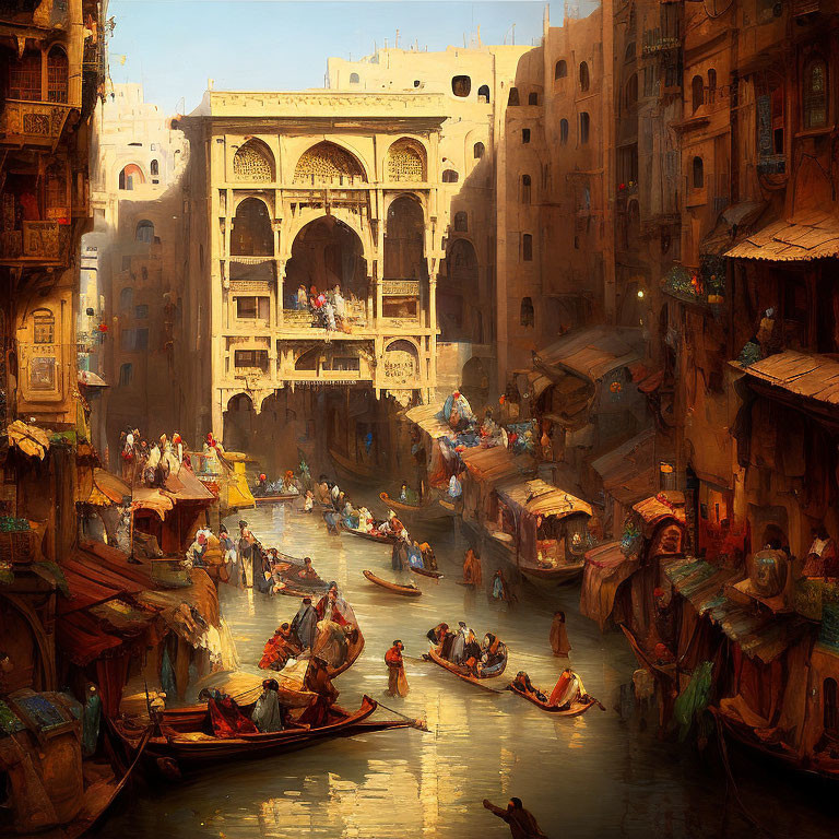 Sunlit Canal Scene with Boats and Historic Buildings