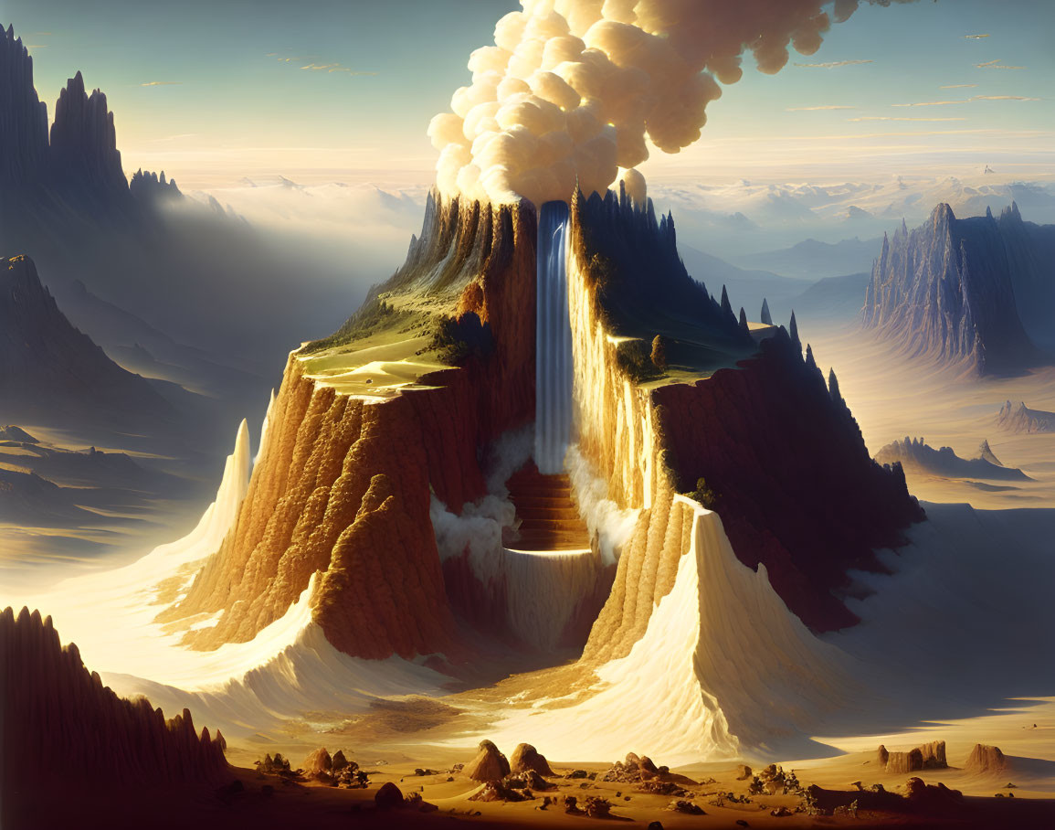 Surreal landscape with towering volcano, waterfalls, and desert terrain