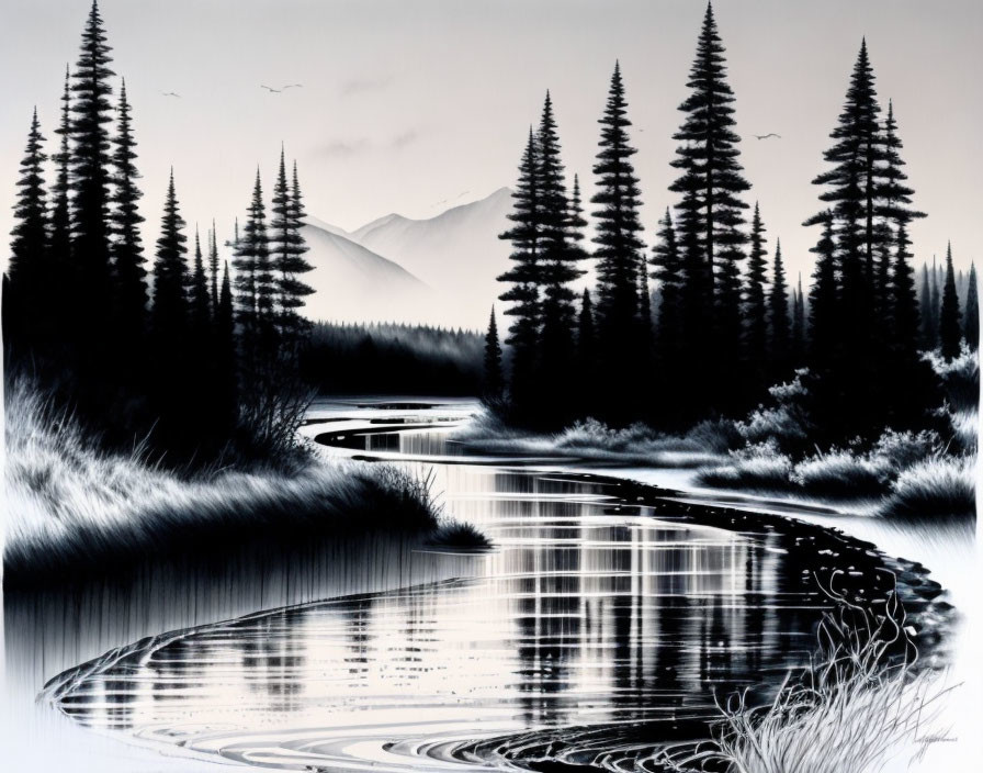 Serene monochrome landscape with river, forest, mountains, and birds