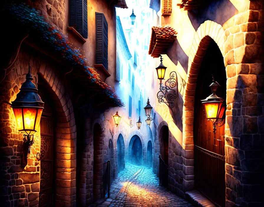 Digitally-painted cobblestone alley with illuminated lanterns at dusk or dawn