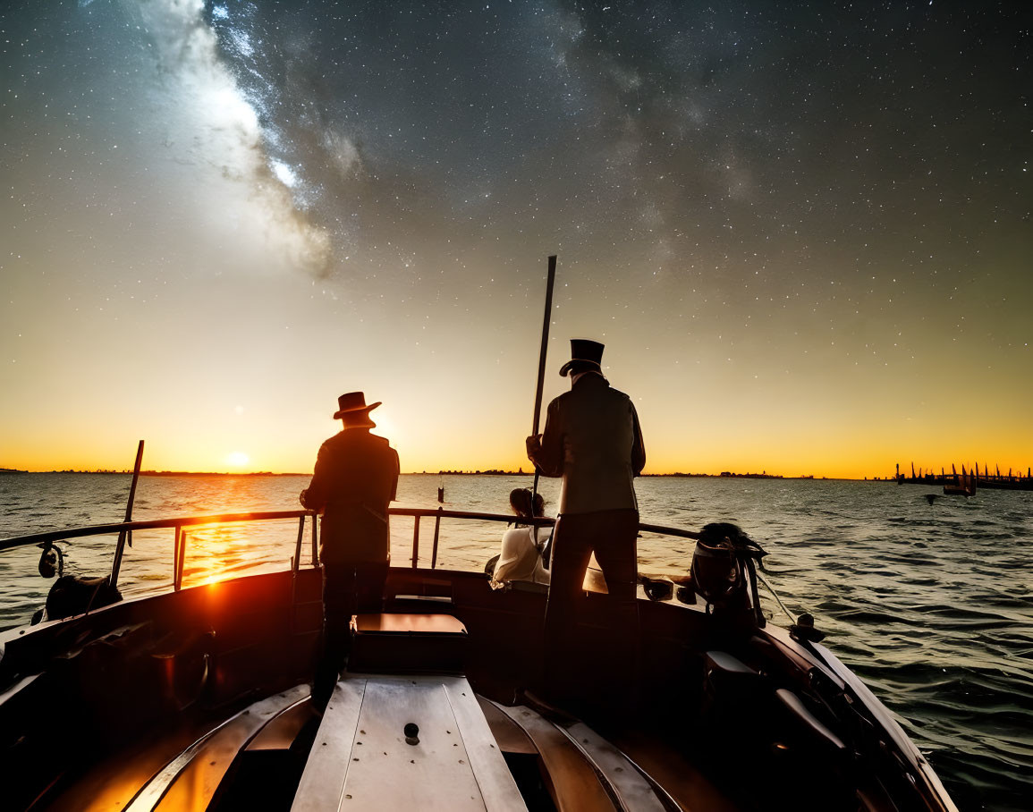 Silhouetted figures on a boat at sunset under a starry sky