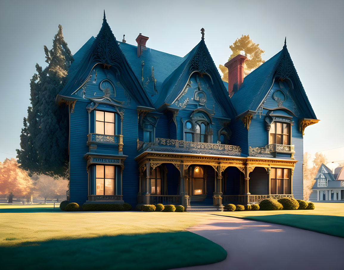 Victorian-style Blue House with Ornate Woodwork and Manicured Surroundings