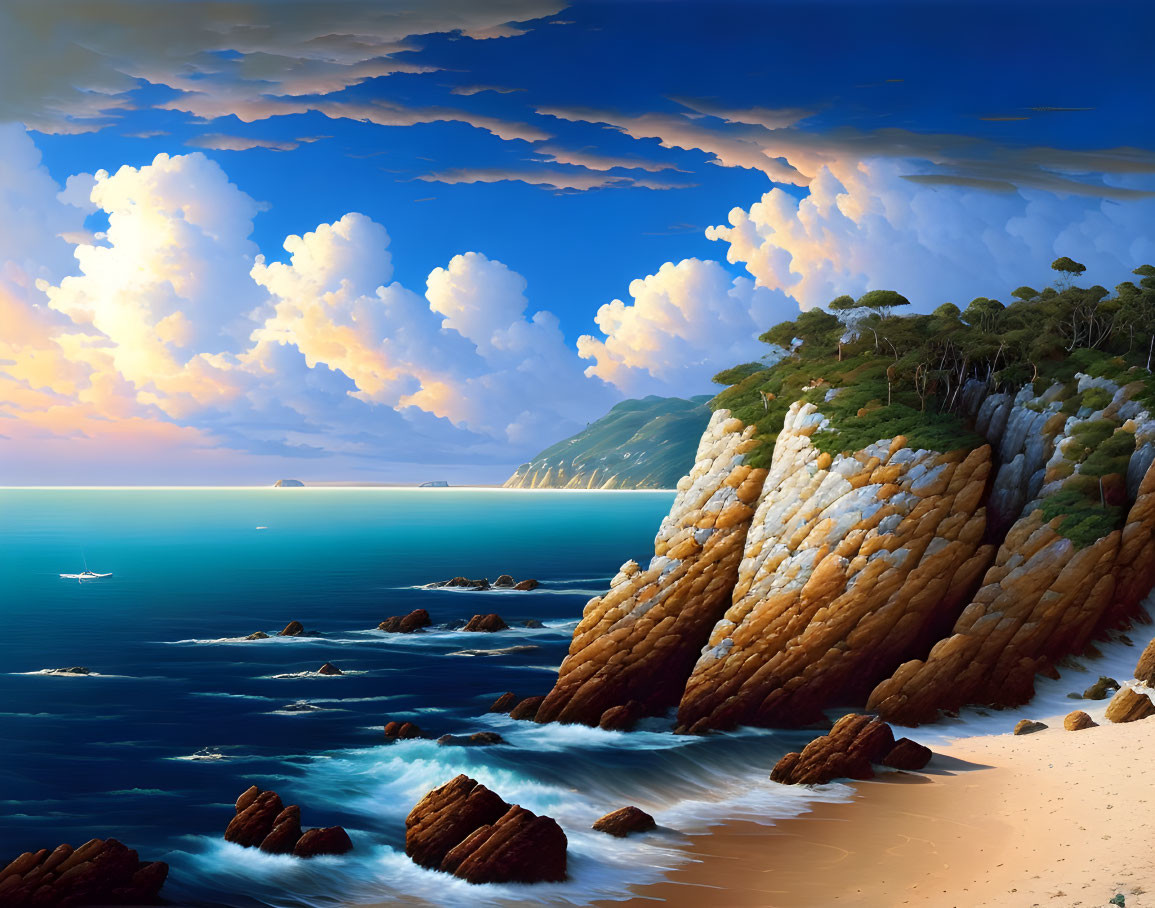 Tranquil seascape painting with cliff-lined beach & lush trees