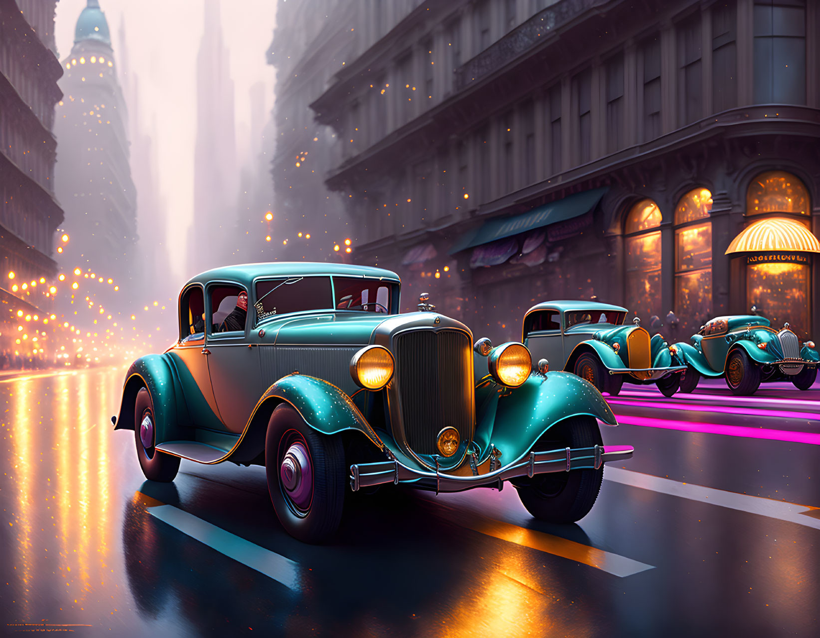 Vintage cars on illuminated retro-futuristic city street at dusk