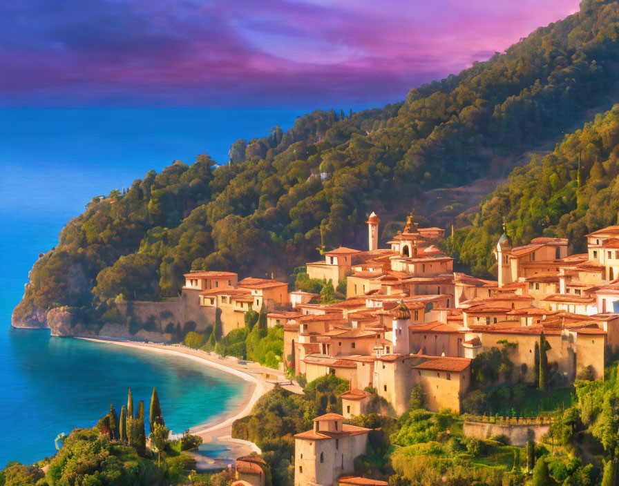 Scenic coastal village with terracotta rooftops at sunrise